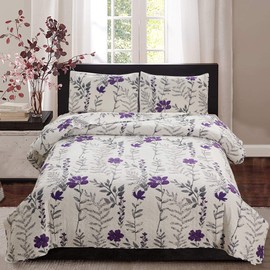 Vintage Grey Leaves Purple Floral Bedding Set - King Size Bedspread, Coverlet, Reversible Quilt