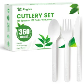 Phyyixs 360 Count Compostable Cutlery Set - 150 Forks, 150 Spoons, 60 Knives. Extra Heavy Duty Silverware, Heat Resistant & BPA-Free. Disposable Utensils for Wedding, Party, Daily Use.