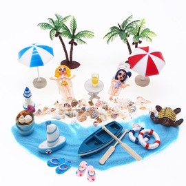 Shirene Beach Micro Landscape, Mini Beach Decorations Decoration Mini Deck Chair Decorative Beach Chair Parasol Small Palm Tree Decoration Accessories Miniature Ornament Set for DIY, Unique Gift