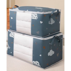 ETHOV® 2 Pack Premium Fabric Storage Bags with 4 Vacuum Bags | Organize & Save Space Efficiently Blue 75L + 4 Vacuum Bags