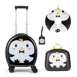 KOTEK Kids Luggage, 4 Piece Suitcase Set, 14” Kids Carry on Luggage with Wheels, Hardshell Backpack, Neck Pillow, Luggae Tag, Toddler Travel Rolling Suitcase for Boys Girls (Black)