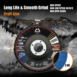 Merryland Flap Disc 4 1/2 inch Metal for Angle Grinder, 4.5inch 80 Grit T29 Flap Wheel 20 Pack, Blue Zirconium Corundum INOX Stainless Steel Iron Universal, Craft-Line FC1107414-20