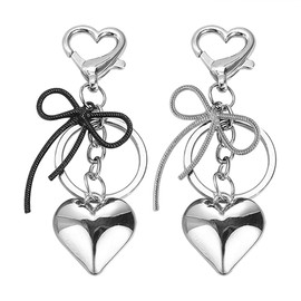 3D Silver Heart Bow Keyring Men Women Partner Key Rings Charm Bow Hearts Keychain Pendant Bag Charm Key Bag Charms Keychain Cute Key Chain Accessories, 2 Pieces, silver