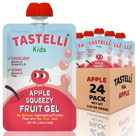 Tastelli Kids Squeezy Fruit Gel (APPLE) No Artificial Sweetener or Flavors, Made with REAL Fruit Juice, Fiber-Rich Prebiotic Gut Support, Vitamin C & D, Vegan, Gluten Free (Pack of 24)