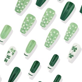 St. Patrick's Day Press on Nails Green Fake Nails Medium Square St. Patrick's Lucky Clover Design Cute Shamrock Irish Press on Tips Stick on Nails Artificial Acrylic False Nails Gift for Women Girls