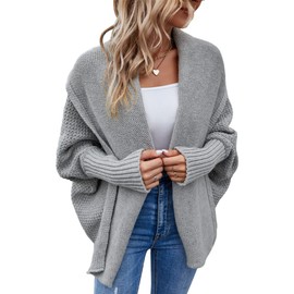 OKSakady Women's Knitwear Plain Batwing Sleeve Pullover Cardigan Collar with Two Fashionable Ways to Wear, gray