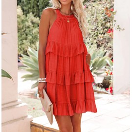 R.Vivimos Women's Summer Dress Boho Sleeveless Halter Layered Ruffle Casual Swing Mini Dress with Pockets (Large, Orange)