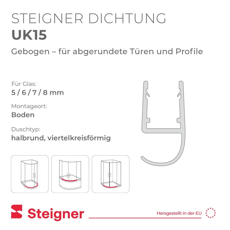 STEIGNER Shower Seal 30cm Glass Thickness 5/6/7/8mm Pre Curved PVC