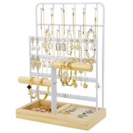 JONKASIPA Jewelry Holder Organizer Stand 4-Tier Necklace Stand Earring Holder with Wooden Tray, Jewelry Rack for Bracelets Watches and Rings Display Stand, Gifts for Women & Girls-White