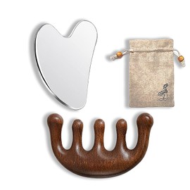LuojinLuoda Stainless Steel Gua Sha Facial Tools & Wooden Scalp Massage Comb Set, Gua Sha Tool for Facial Contouring & Scalp Massager for Stress Relief, Slimming and Firming