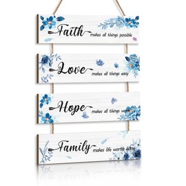 KAIRNE Inspirational Phrase Wall Art Sign,Faith Love Hope Family Wall Art,Blue Flower Wood Sign,Positive Wall Hanging Sign,Motivational Quotes Wall Plaque Decor for Living Room Bedroom Kids Room Decor