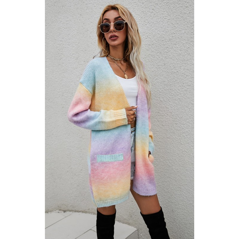 ECOWISH Cardigan Sweaters for Women Fall Causal Color Block Striped