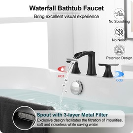 HOIGY Roman Waterfall Bathtub Faucets, Brass High Flow Bathtub Faucet 3 Hole 6-16 Inch Widespread Black Tub Faucet Set 2 Handle, Deck Mount Filler Bath Faucet for Tub with Supply Water Hose for Modern