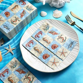 Seajan 200 Pcs Summer Ocean Sea Shells Guest Napkins Disposable Paper Beach Dinner Hand Napkin Disposable Towels Napkins Coastal Nautical Coral Starfish for Bathroom Wedding Birthday Party