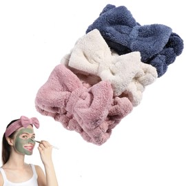 Pack of 3 Bowknot Hair Bands, Elastic, Women Fashion Plush Headband, Makeup Headbands, Spa Headband, Cute, Cute Hair Band for Spa, Yoga, Facial Cleansing and Care (Blue, Pink, White)
