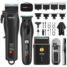 HIENA PRO Hair Clippers for Men Professional, Cordless Barber Clipper & T-Blade Beard/Hair Trimmer Set, Electric Razor Foil Shaver Nose Trimmer Barber Kit, Men's Hair Cutting Kit with LED Display