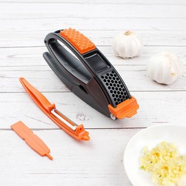 Multifunctional Garlic Presser with Peeler, Meat Hammer, Multifunctional Garlic Press 3 in 1, Stainless Steel Garlic Presser, Premium Garlic Presser with Comfortable Handle Grip (Orange and Black)