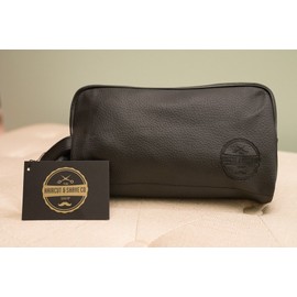 Haircut & Shave Co. Leather Toiletry Bag Dopp Kit with Hanging Handle - Smooth Leather, Durable Zipper, Spacious - for Beauty Kits, Cosmetics, Shaving Gear, Traveling, Storage & more (Black)