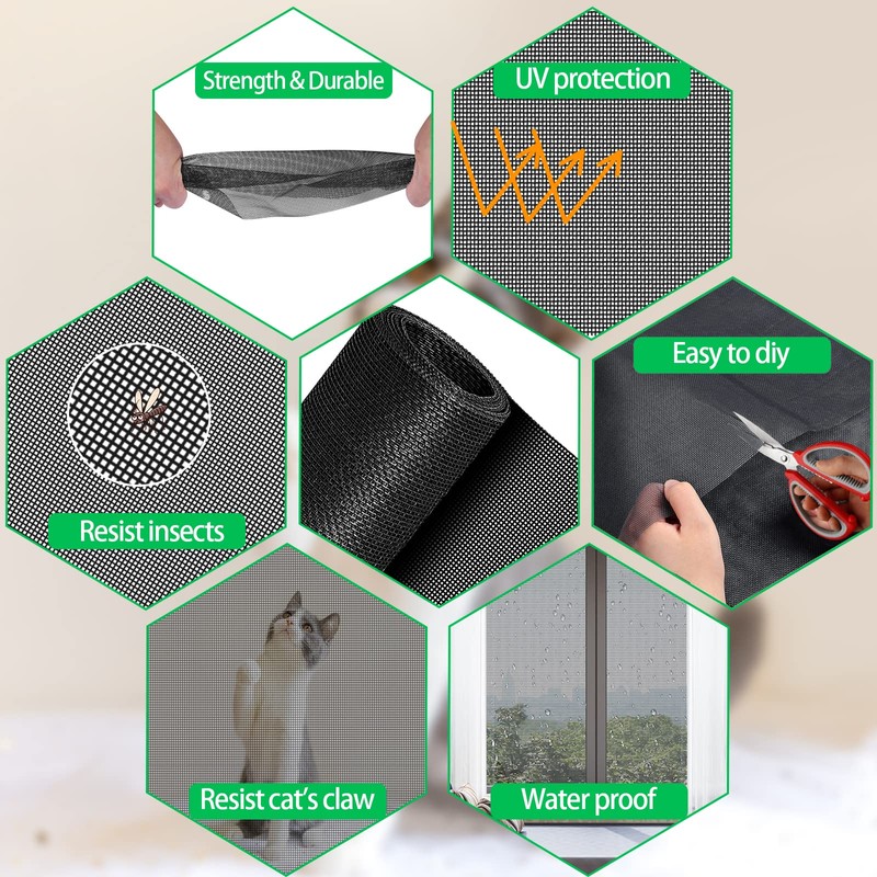 QWR Pet Proof Window Screen Replacement Kit, 48"x118" Durable High