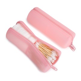 Visfresh Cotton Round Swab Travel Case, 2 in 1 Portable Hair Accessories Organizer, Hair Tie and Bobby Pin Holder, Travel Qtips Case, Purse Organization, Floss Holder (Pink)