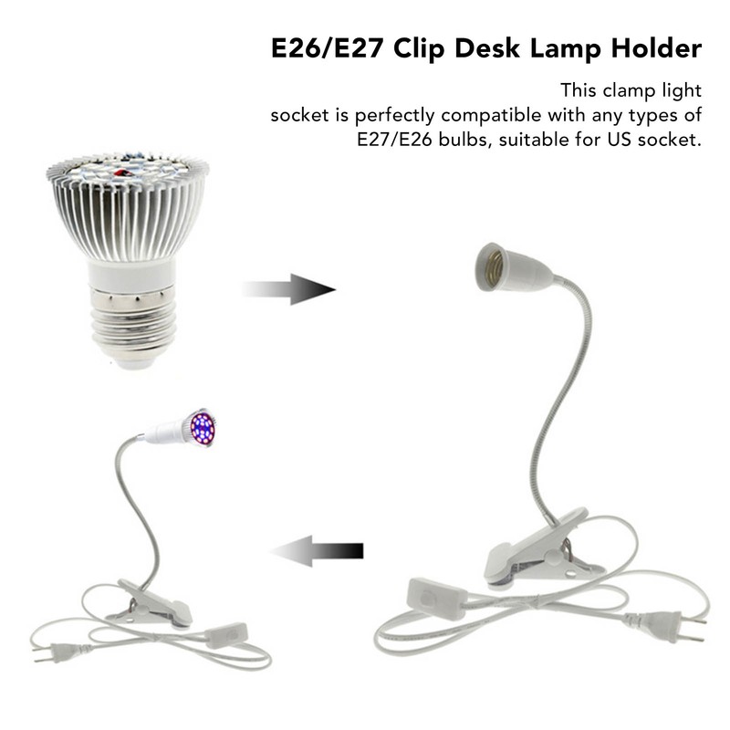 E26/E27 Clip Desk Lamp Holder 5.9ft Cable 11.8in Gooseneck Design