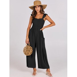 ANRABESS Women Summer Casual Dressy Sleeveless Smocked Wide Leg Linen Jumpsuits Rompers 2024 Trendy Travel Outfit Pocket Black Medium