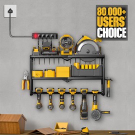 Amoowis Power Tool Organizer with 4 Outlets Power Strip, Battery Tools Holder with Charging Station Shelf, Utility Racks Shelf with 6 Drill Holder Wall Mount, Suitable for Garage/Workshop/Pegboard