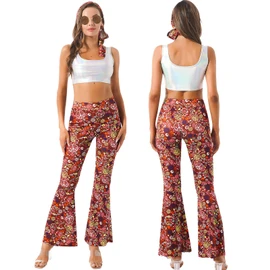 YADODO Hippie Kostüm Damen Hose Set Hippie Schlaghose Damen Hippie Accessoires 60er 70er Jahre Outfit Damen Party Boho Hippie kleidung Damen Hosen 70er Jahre Bekleidung Damen Frau für Karneval Fasching(XL)