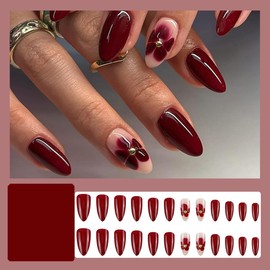 24 Pcs Dark Red Press on Nails Medium Almond WLGDLH Fake Nails with 3D Gold Pearl Flowers Designs Glossy False Nails Full Cover Acrylic Nail Art Tips Cute Glue on Nails for Women Manicure