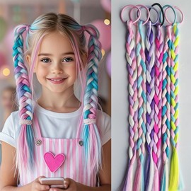 Muorruo 6-Pack Colourful Braided Hair Extensions for Girls, Elastic Synthetic Plaits for Tying, Hairpieces for Children, Ponytail Accessories for Everyday and Parties