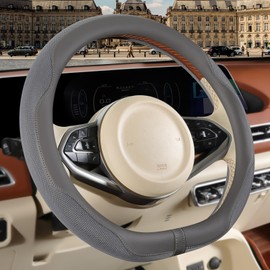 Binsheo Nappa Leather Gray D Shape Steering Wheel Cover, Advanced Microfiber Leather Non-Slip Breathable Fabric, Warm in Winter and Cool in Summer, Universal 15 inch