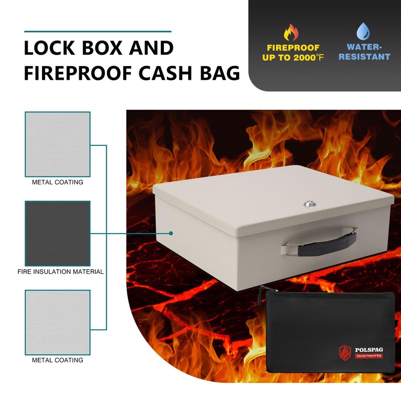 Polspag Fireproof Document Box with Key Lock & Fireproof Money