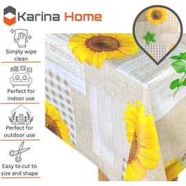 Karina Home Taupe and Yellow Sunflower Wipe Clean Tablecloth Vinyl PVC Table Cover Wipeable Table Cloth (Taupe, 180cm x 140cm)