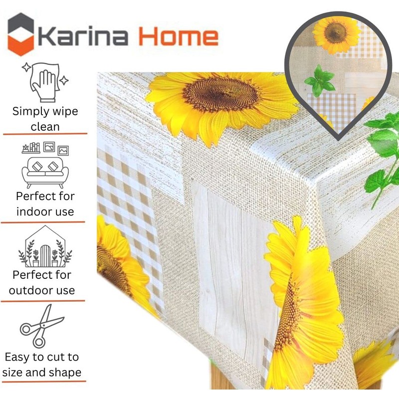 Karina Home Taupe and Yellow Sunflower Wipe Clean Tablecloth Vinyl