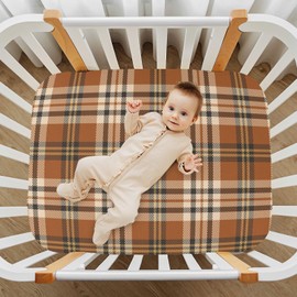 KICPOAY Fitted Crib Sheets Fall Brown Beige Plaid Stretchy Portable Playard Sheets for Baby Toddler, Breathable Soft Mini Crib Mattress 39 x 27 in for Boys and Girls