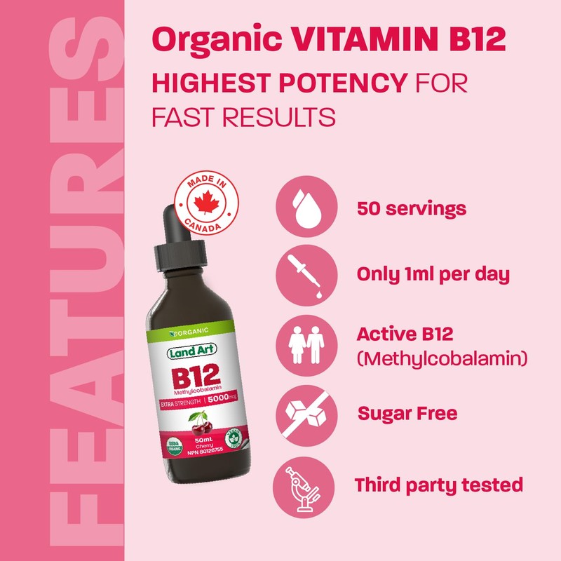 Certified Organic Vitamin B12 5000mcg Drops, Methylcobalamin, 50 Servings –