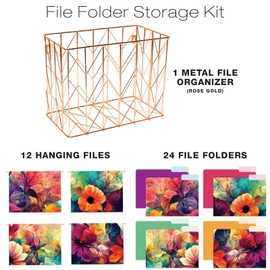 Global Printed Products Deluxe Designer Hanging File Folder Kit, Includes Metal Hanging Basket, 12 Hanging Folders, 24 File Folders, 1/3 Cut Tab, Assorted Positions, Letter Size (Abstract Floral)