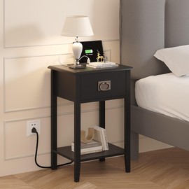 VECELO Nightstand Set of 2 with Charging Station, Vintage Solid Wood End Bedside Table with USB Ports, Storage Drawer, Open Shelf for Bedroom, Living Room, Sofa Couch, One Drawer, Black