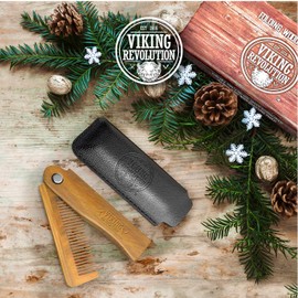 Folding Beard Comb for Men w/Carrying Pouch - All Natural Wooden Beard Comb w/Gift Box - Green Sandalwood Folding Comb for Grooming & Combing Hair, Beards and Mustaches by Viking Revolution