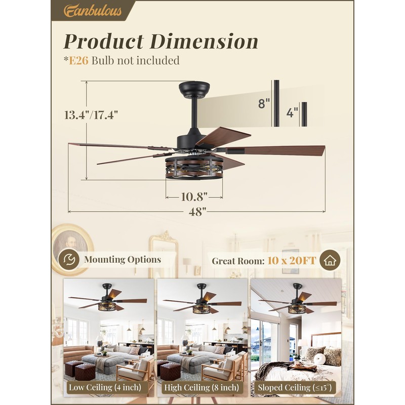 Farmhouse Ceiling Fans with Light, 48 Inch Bedroom Ceiling Fan