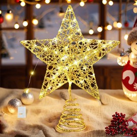 Christmas Tree Topper with 20 LEDs, Christmas Tree Topper Star, 18 x 22 cm Gold Glittering Star Tree Topper Christmas Tree Plastic, Christmas Ornament Topper Illuminated Decorations for Christmas Tree
