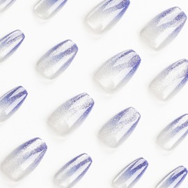 Short Press on Nails Coffin Fake Nails Gradient Nails Press ons Glossy Glue on Nails Blue Acrylic Nails with Cat's Eye Designs Daily Wear Simple False Nails Artificial Stick on Nails for Women 24Pcs