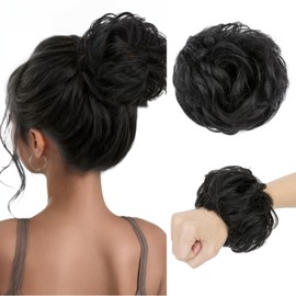TESSHAIR Thick Human Hair Messy Bun, 100% Real Hair Bun Extensions for Women, Wavy Curly, 25g, #Dark Black