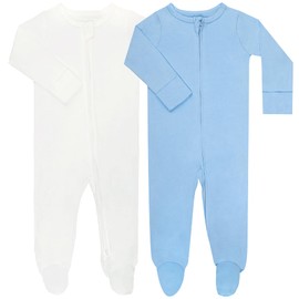 GUISBY Footed Long Sleeve Baby Pajamas with Zipper Cotton Infant Sleepers Light Blue+White 0-3 Months