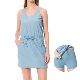 Lightbare Women’s UPF 50+ Tank Dress with Pockets Detachable Shorts Drawstring Waist Quick Dry for Hiking Camping Outdoors Stone Blue