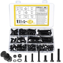 135 Pcs M6 M8 Hex Bolts and Nuts Set, Hex Nuts and Bolts and Washers Assortment Kit, Carbon Steel Hex Head Assorted Machine Bolts and Nuts Bolts and Washers Sets for Repair Bike Bolts, Black
