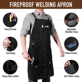 Leather Welding Work Apron - Heat Resistant & Flame Resistant Bib Apron, Flame Retardant Heavy Duty BBQ Apron