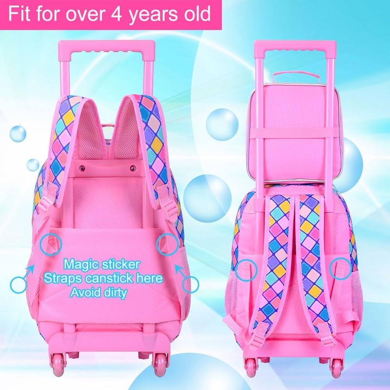 KLFVB Girls Bookbag with Wheels, 3PCS Kids Roller Backpack with