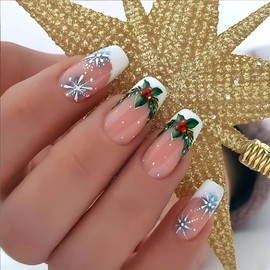 Christmas Press on Nails French Tip Fake Nails Medium False Nails with Green Plants Designs White Snowflakes Glue on Nails Square Stick on Nails Full Cover Winter Acrylic Nails Glossy Artificial Nails