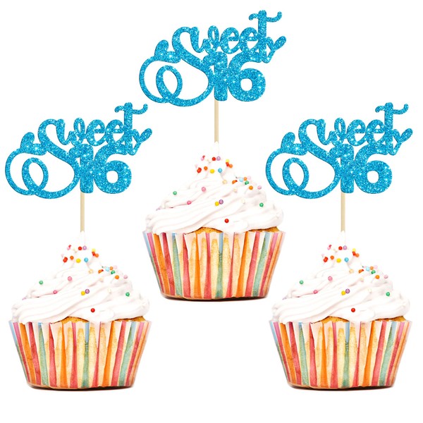 24 piezas de decoración para cupcakes de 16 cumpleaños con purpurina para 16 años de edad, 16 palillos para cupcakes, decoraciones para cupcakes de 16 cumpleaños, aniversario, fiesta, decoración de pasteles, suministros azul claro